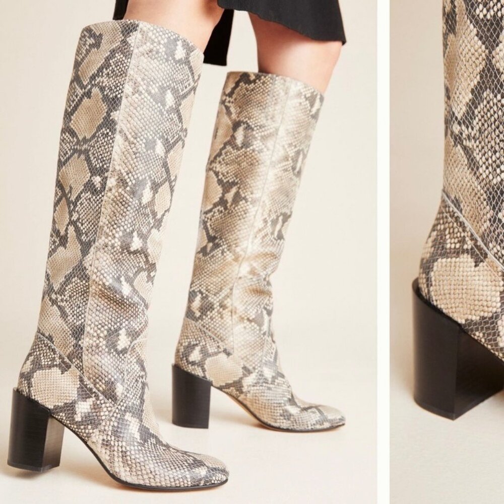 NEW DOLCE VITA Cormac Black White Snake Print Leather Knee High Boots Size 8.5